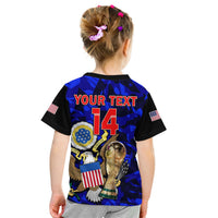 Kids football T-shirt, blue and black back print with “YOUR TEXT”, number 14, and flags