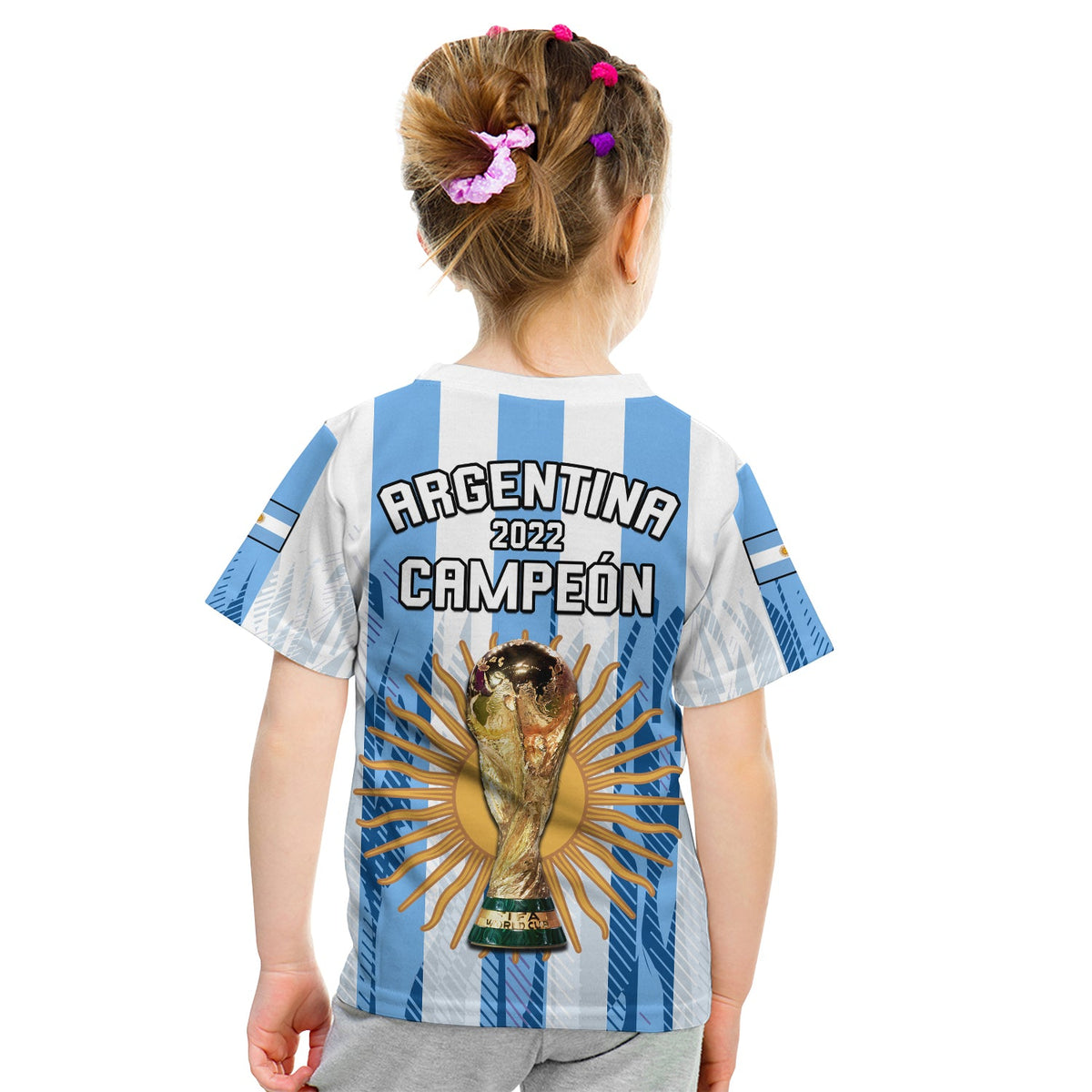 Argentina football T-shirt in blue and white with back text Argentina 2022 Campeón and trophy