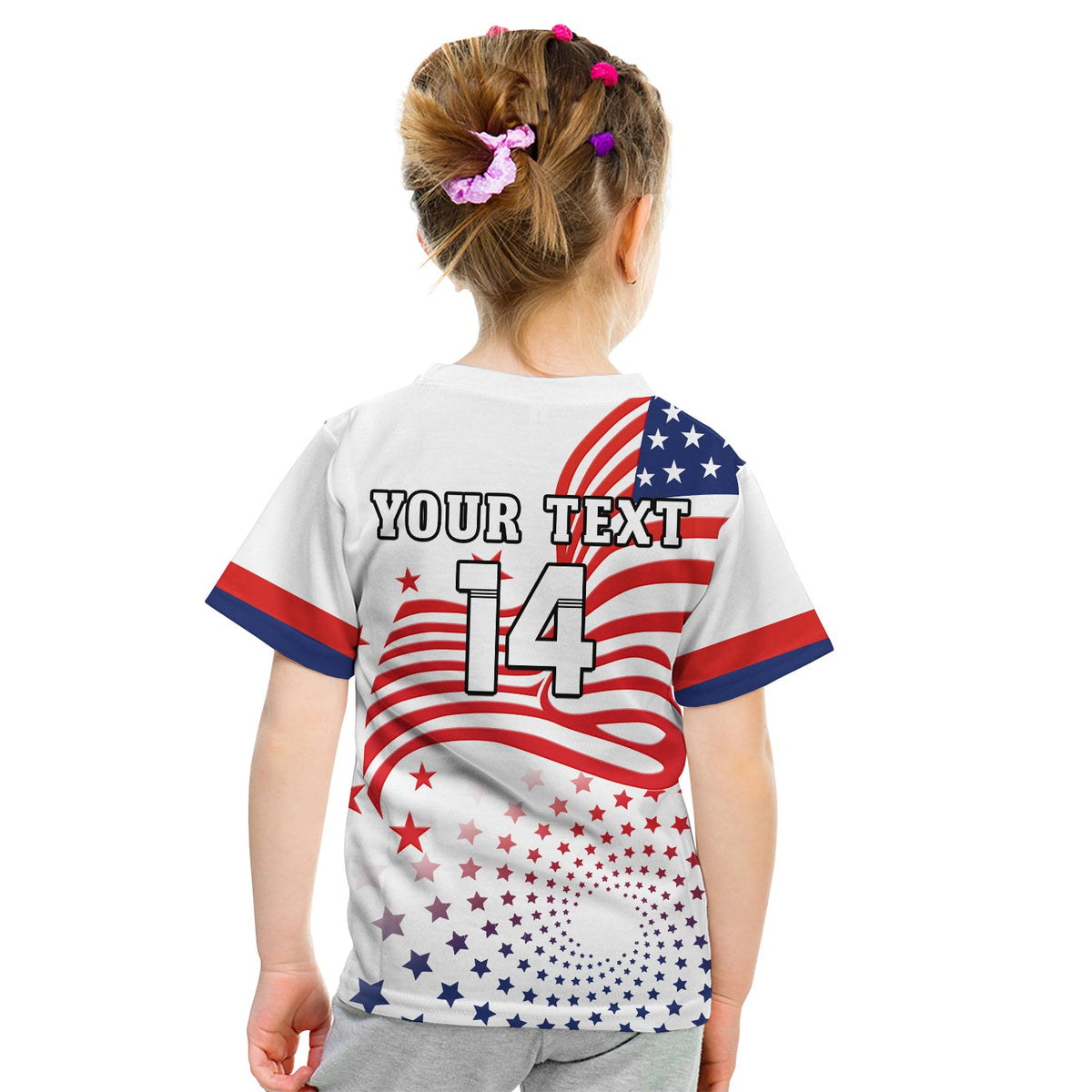 Custom USA football t-shirt on child, white back with 'YOUR TEXT' and 14 over flag