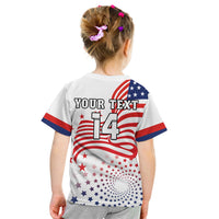 Custom USA football t-shirt on child, white back with 'YOUR TEXT' and 14 over flag
