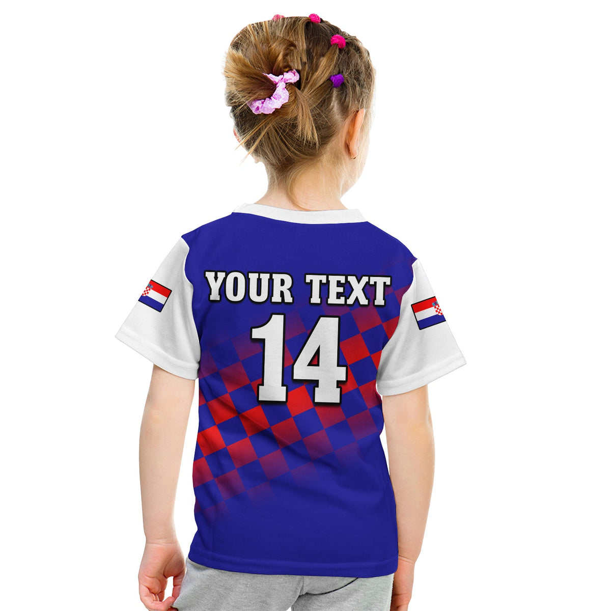 (Custom Text And Number) Croatia Football T Shirt KID Hrvatska Checkerboard Blue Version - Wonder Print Shop