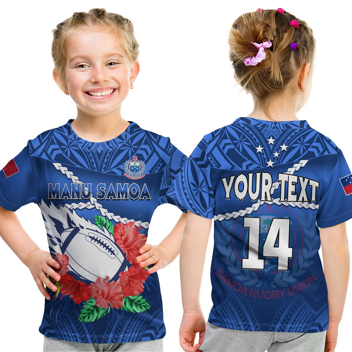 (Custom Text And Number) Samoa Rugby T Shirt KID Manu Samoa Polynesian Hibiscus Blue Style - Wonder Print Shop