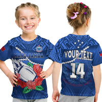 (Custom Text And Number) Samoa Rugby T Shirt KID Manu Samoa Polynesian Hibiscus Blue Style - Wonder Print Shop