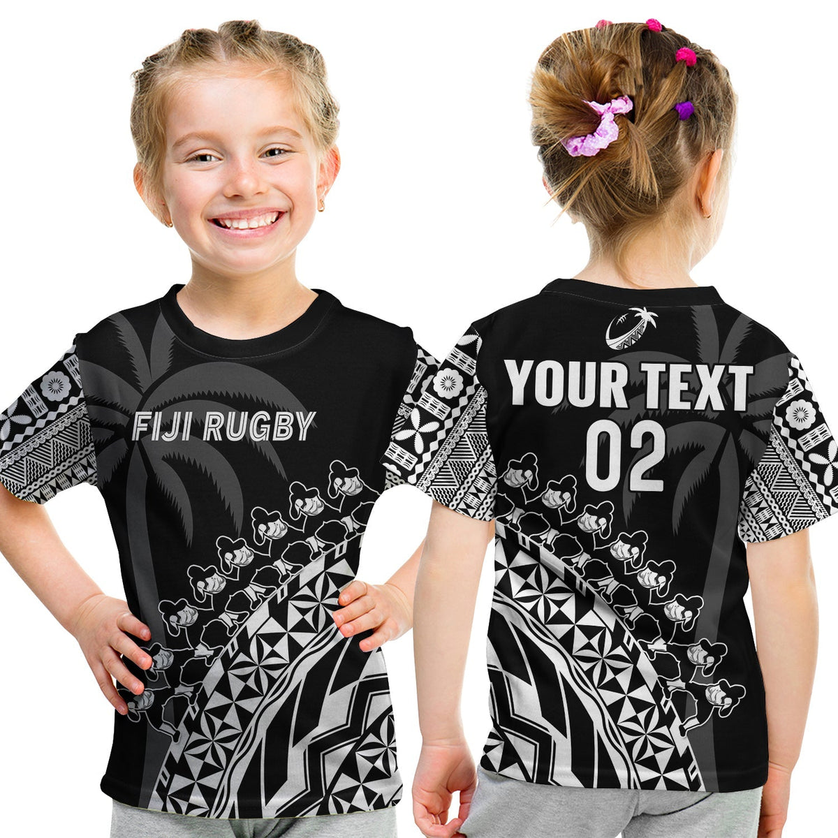 Custom Text And Number Fiji Rugby T Shirt KID Fijian Cibi Dance Tapa Pattern Black - Wonder Print Shop