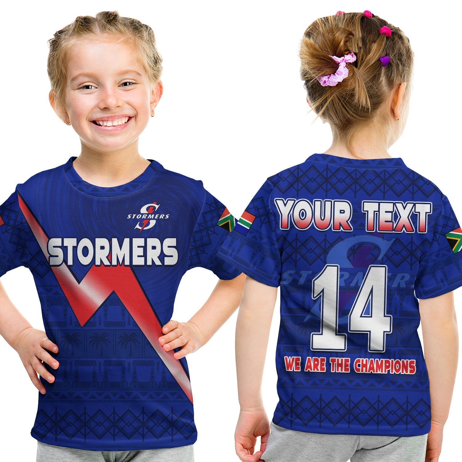 (Custom Text And Number) Stormers South Africa Rugby T Shirt KID We Are The Champions URC African Pattern - Wonder Print Shop