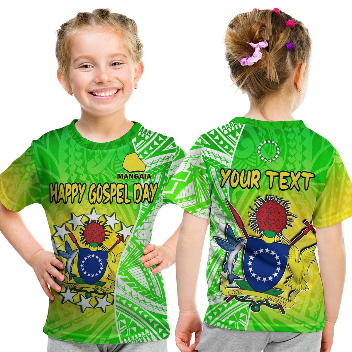 (Custom Personalised) Happy Mangaia Gospel Day T Shirt KID Cook Islands Coat Of Arms Polynesian Pattern - Wonder Print Shop