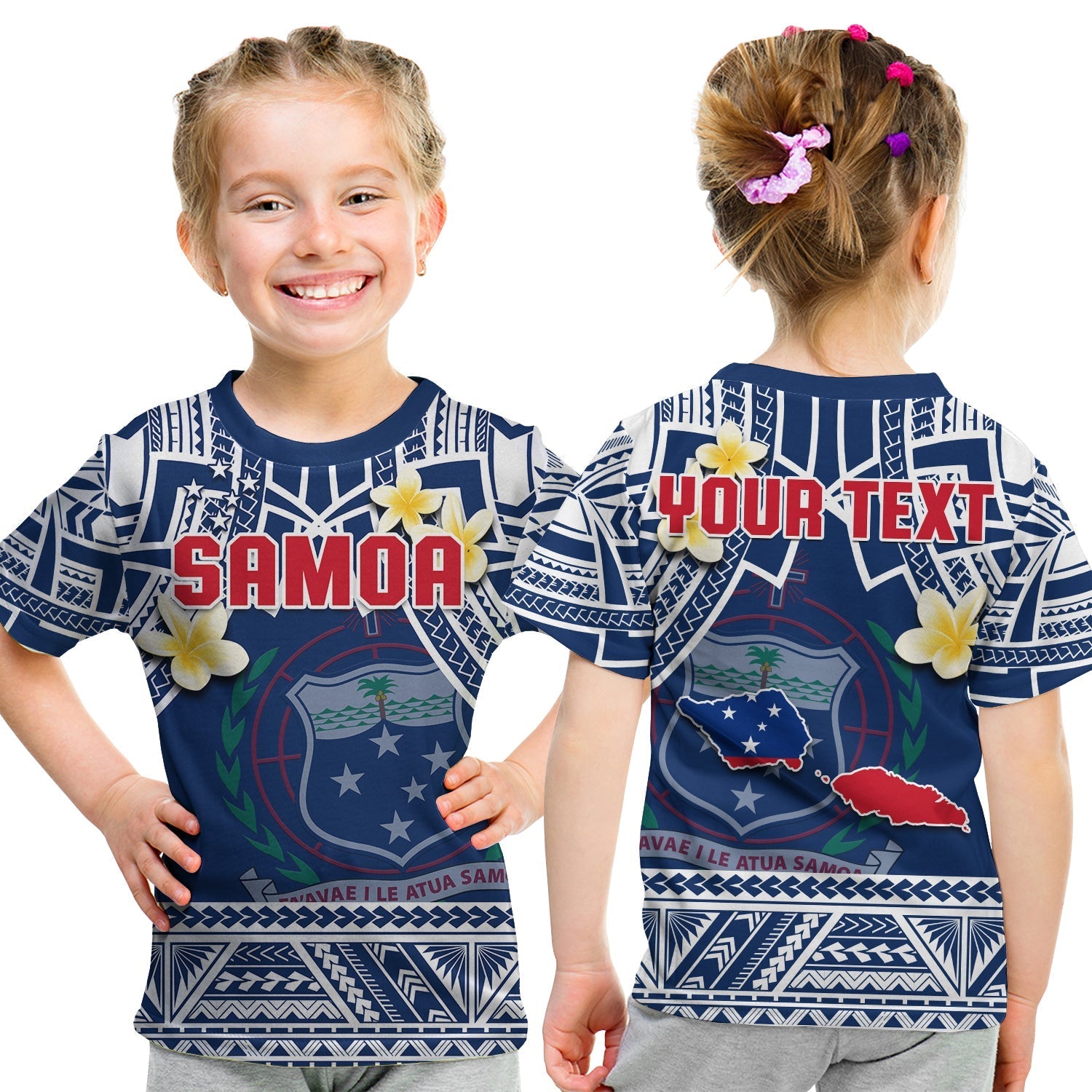 Custom Personalised Samoa T Shirt KID Samoan Plumeria Flowers Mix Polynesian Pattern - Wonder Print Shop