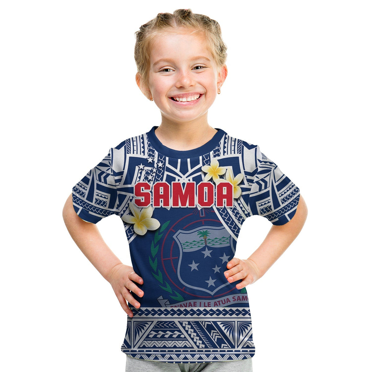 Custom Personalised Samoa T Shirt KID Samoan Plumeria Flowers Mix Polynesian Pattern - Wonder Print Shop