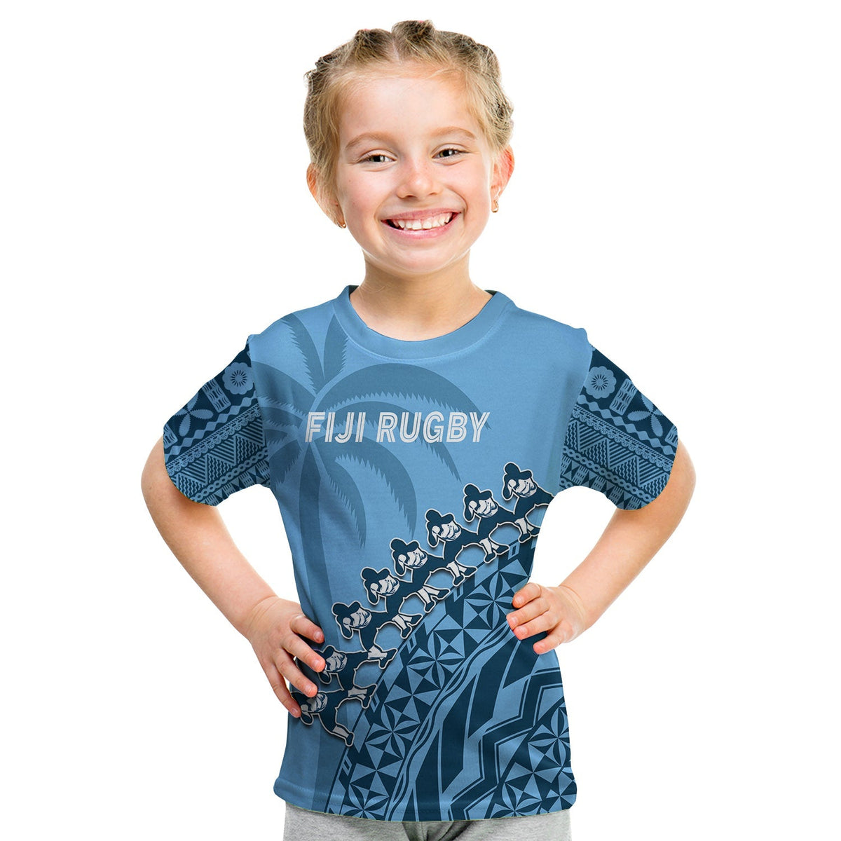 Custom Text And Number Fiji Tapa Rugby T Shirt Fijian Cibi Dance Tapa Pattern Blue - Wonder Print Shop