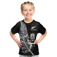 Custom Text And Number New Zealand 2022 Rugby T Shirt KID All Black Silver Fern Maori Pattern Version Black - Wonder Print Shop