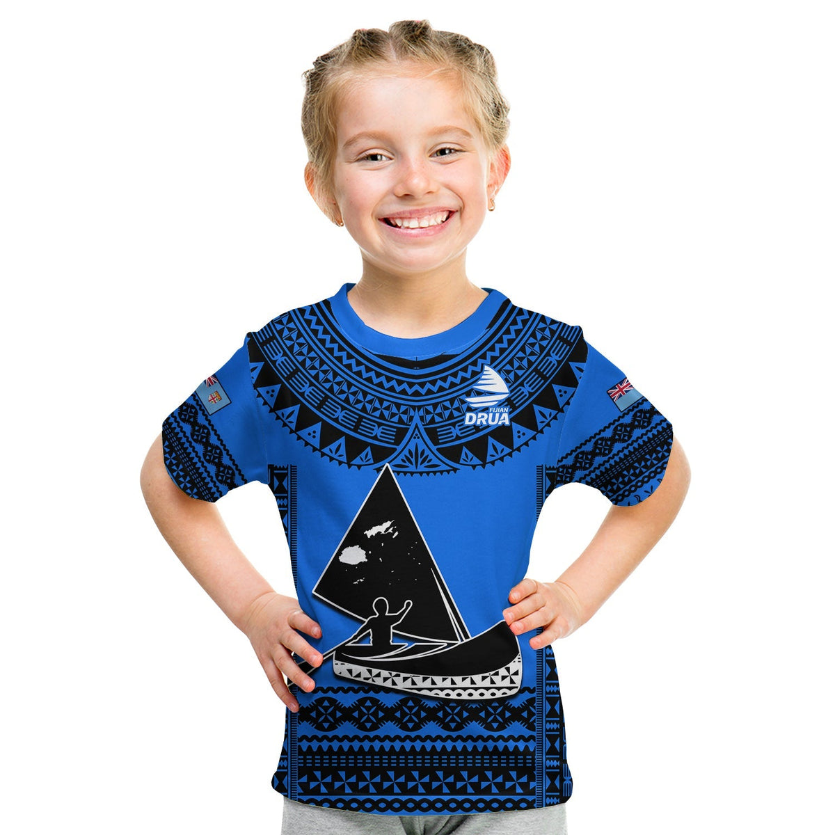 Blue rugby T-shirt with black triangle emblem and detailed geometric Polynesian border
