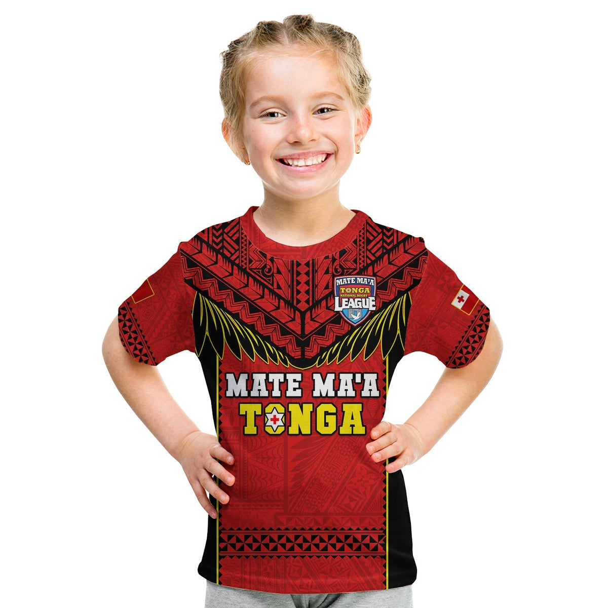 Kids red rugby T-shirt with “MATE MA’A TONGA” front graphic and crest logo