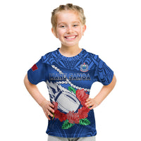 (Custom Text And Number) Samoa Rugby T Shirt KID Manu Samoa Polynesian Hibiscus Blue Style - Wonder Print Shop