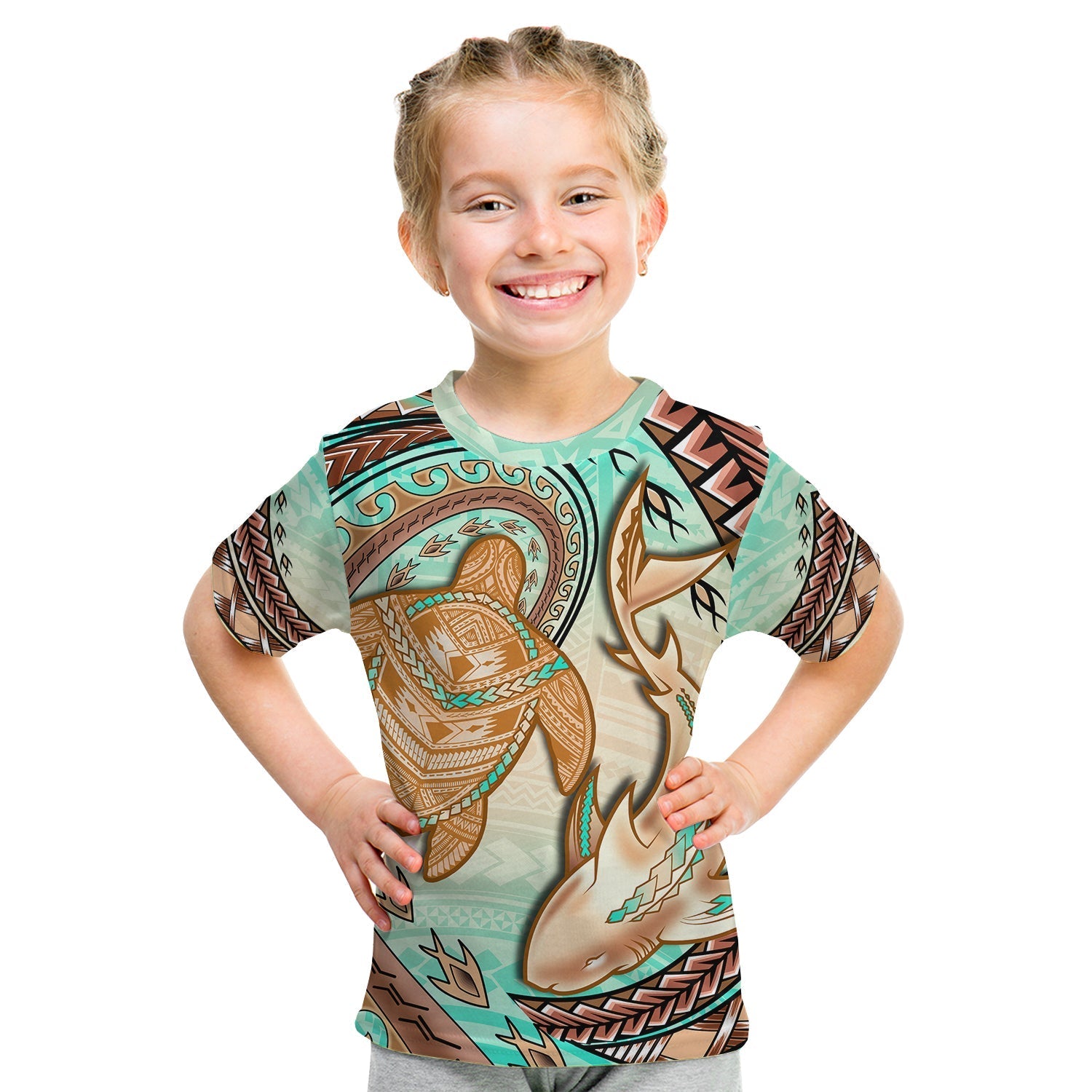 Hawaii T Shirt KID Polynesian Shark And Sea Turtle Dreamy Turquoise Artsy - Wonder Print Shop