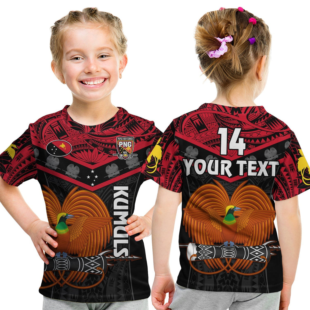 Custom Text And Number Papua New Guinea Rugby T Shirt KID PNG Kumuls Bird Of Paradise Black - Wonder Print Shop