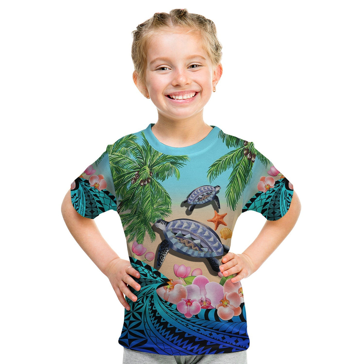 Polynesian Turtle Coconut Tree And Orchids T Shirt KID - Wonder Print Shop