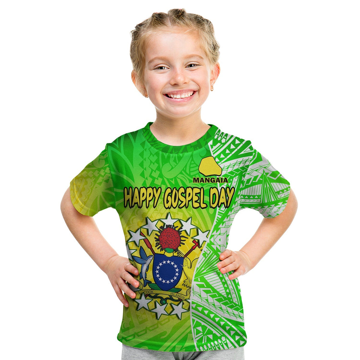 Custom Happy Mangaia Gospel Day T Shirt Cook Islands Coat Of Arms Polynesian Pattern - Wonder Print Shop