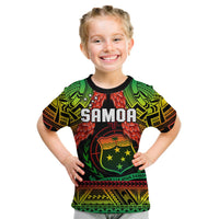Kids Samoa rugby t-shirt, black with green yellow red shield and SAMOA logo on front