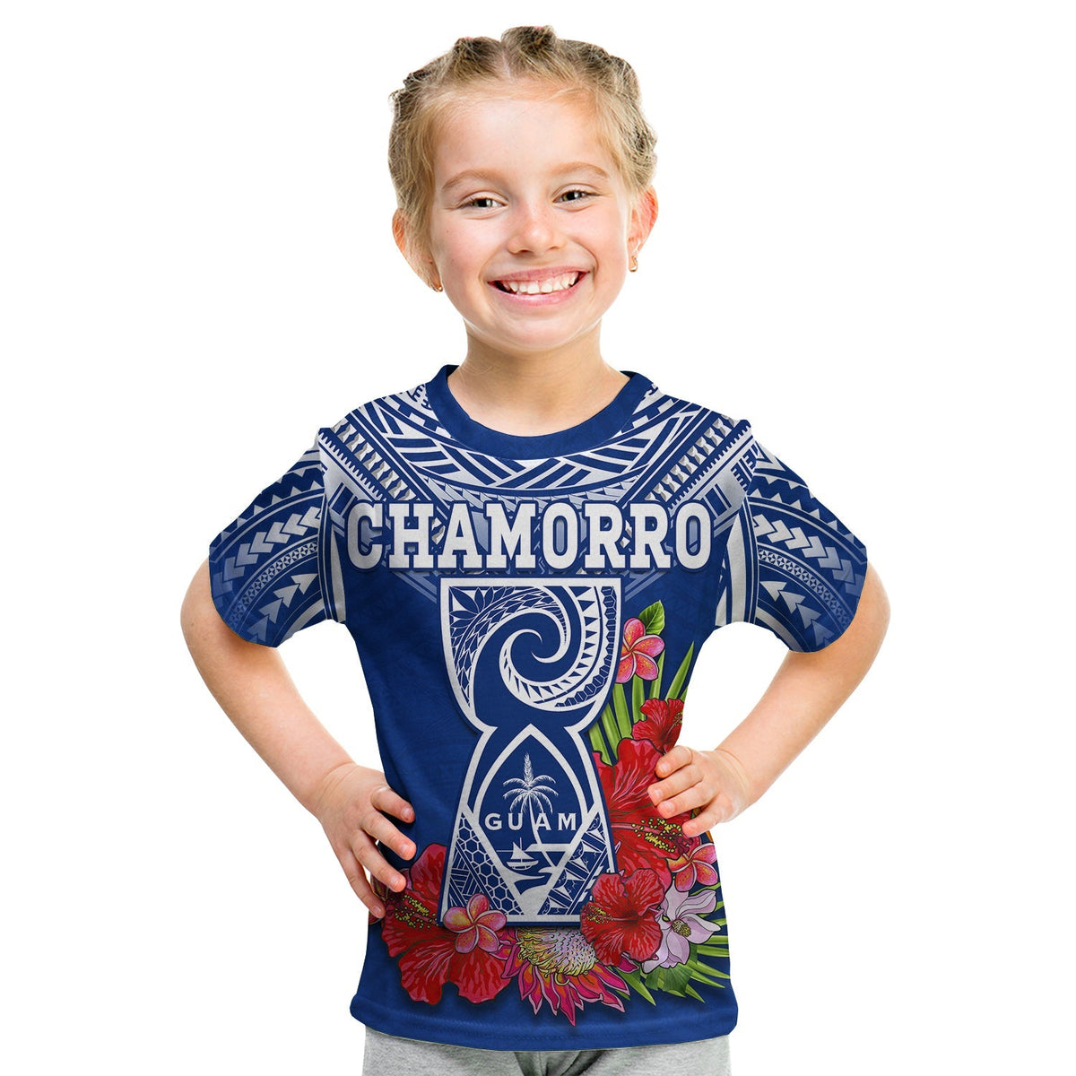 Custom Personalised Guam Chamorro T Shirt KID Guaman Latte Stone Tropical Flowers Blue Version - Wonder Print Shop