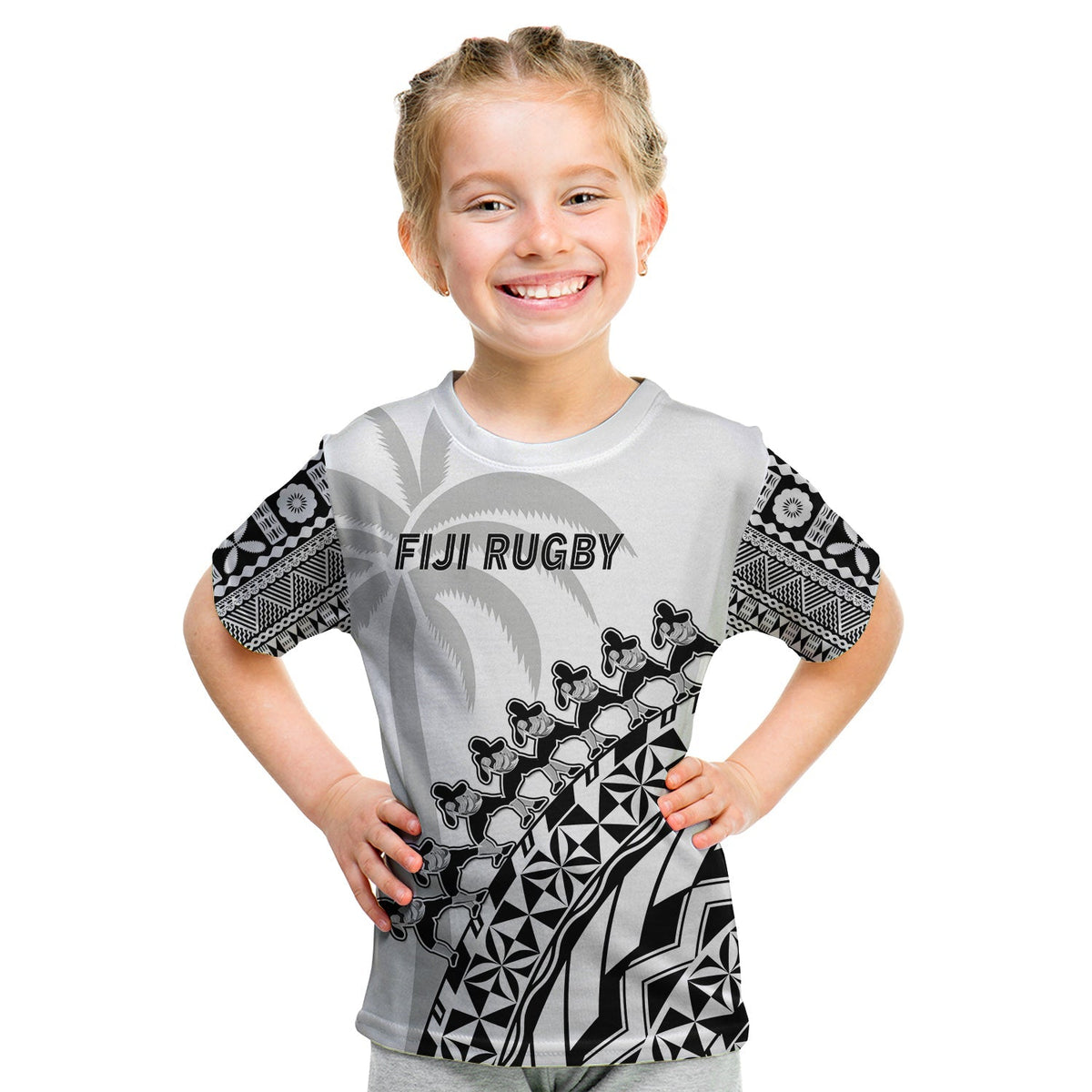 Kids white rugby T-shirt with FIJI RUGBY chest print and black/gray tribal geometric pattern