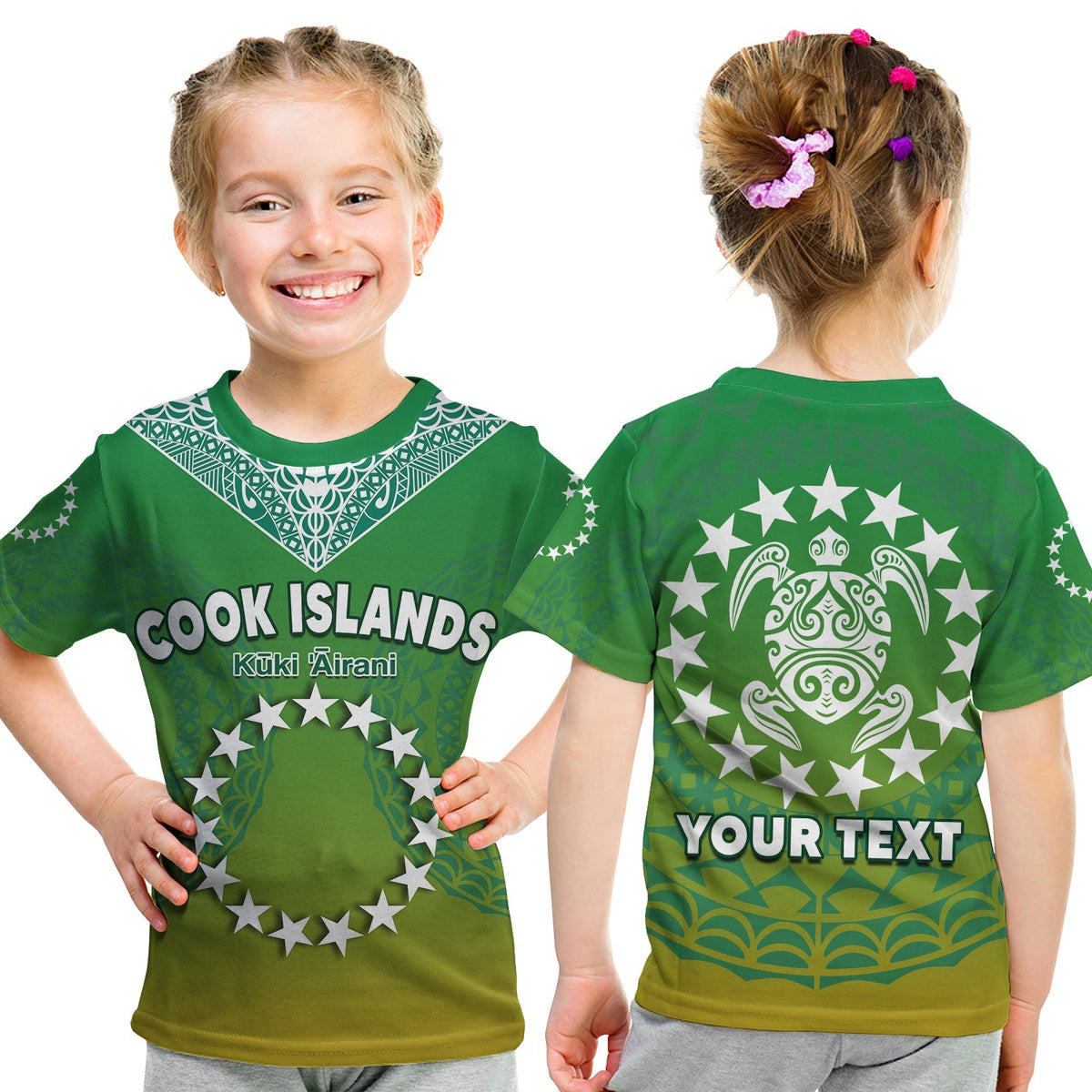 Cook Islands T Shirt KID Circle Pattern Mix Sea Turtle Green Version - Wonder Print Shop