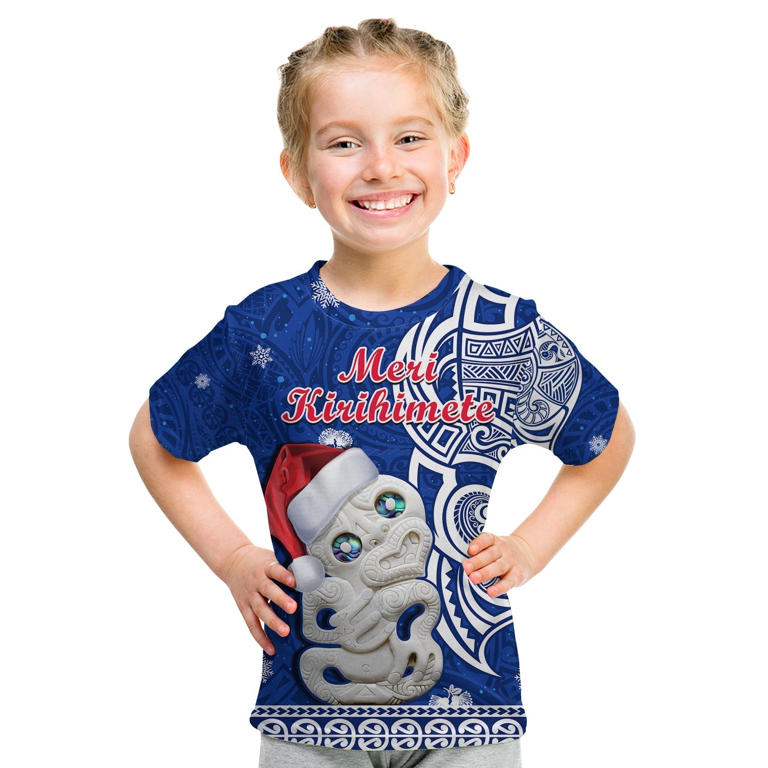New Zealand Christmas T Shirt KID Hei Tiki Blue Pohutukawa Meri Kirihimete - Wonder Print Shop
