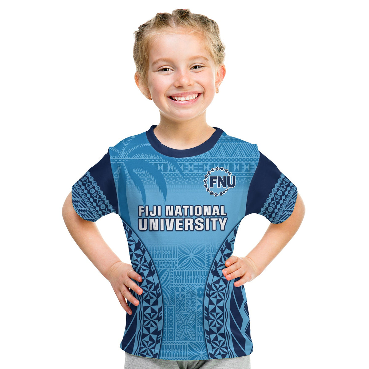 Custom Fiji University T Shirt National Fijian Tapa Pattern Blue - Wonder Print Shop