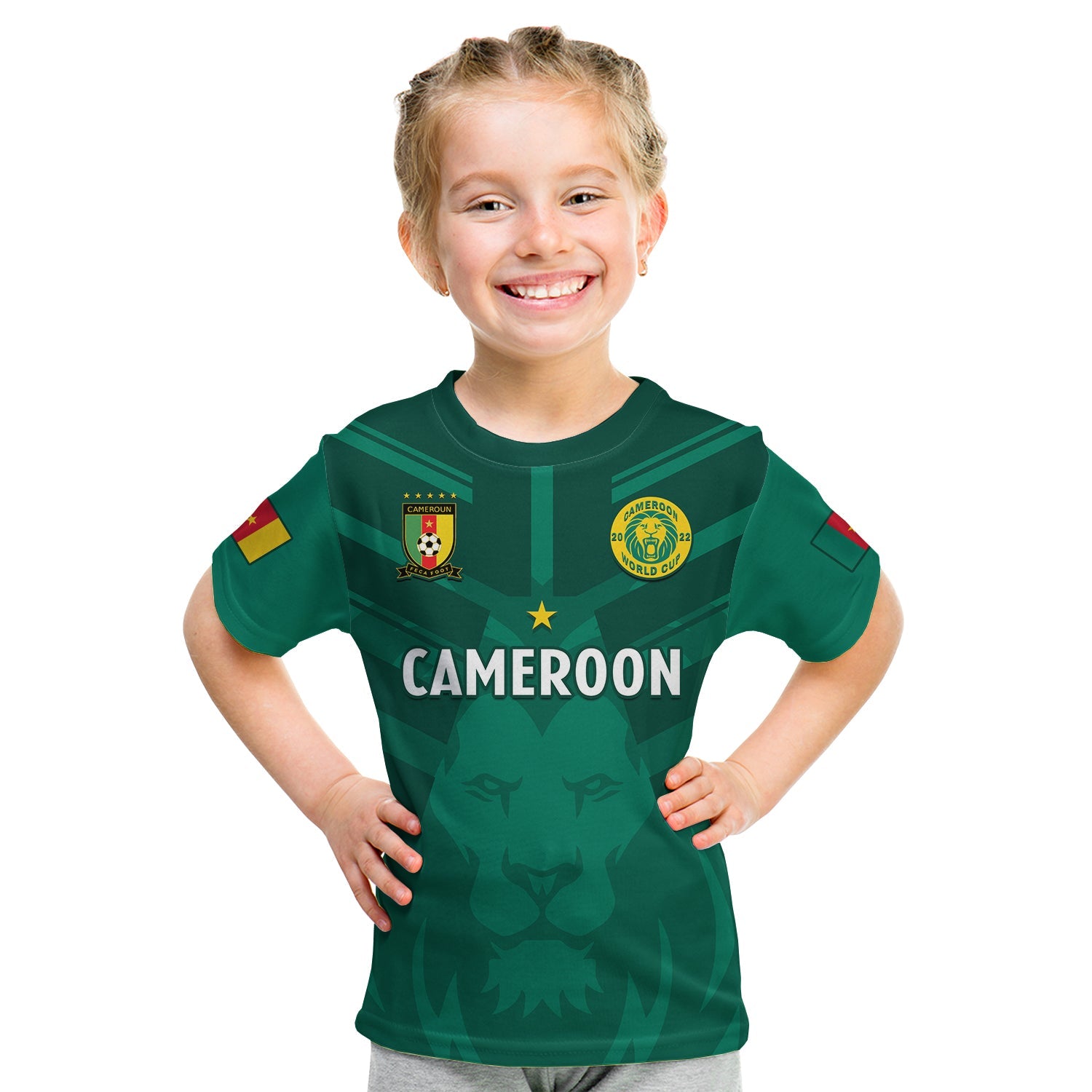 Cameroon Football T Shirt KID Les Lions Indomptables Green World Cup 2022 - Wonder Print Shop