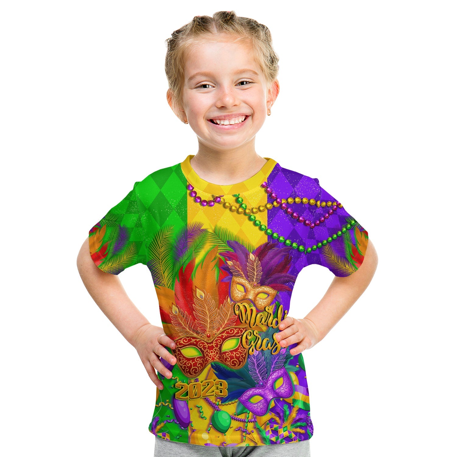 (Custom Personalised) Mardi Gras 2023 T Shirt KID Carnival Masks With Feathers - Wonder Print Shop