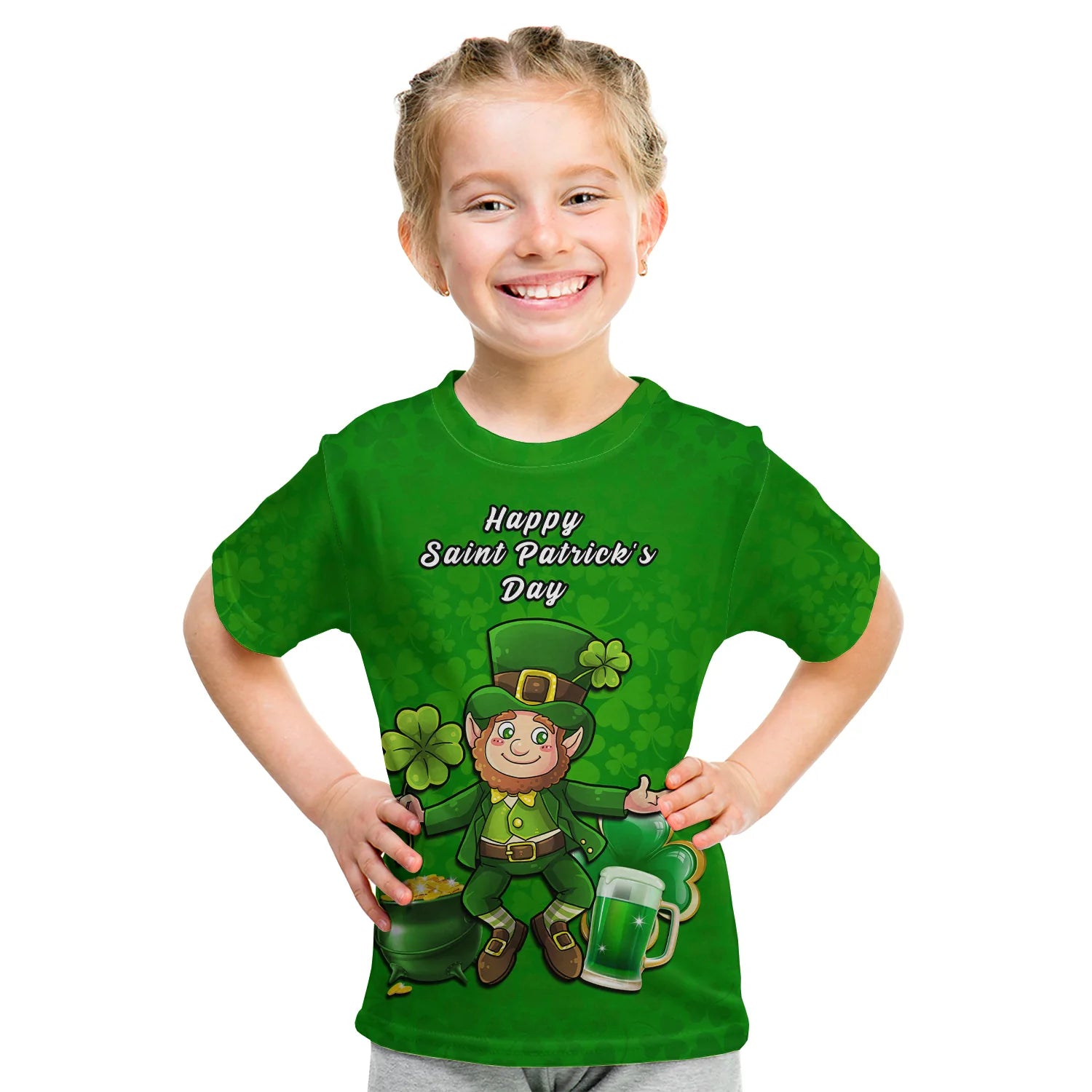 Ireland T Shirt KID Saint Patricks Day Happy Leprechaun And Shamrock - Wonder Print Shop
