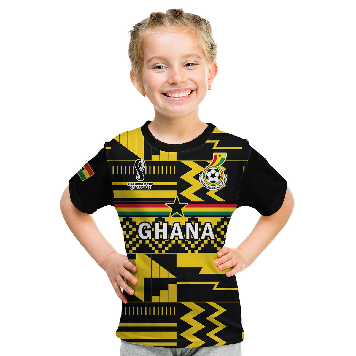 Ghana Football T Shirt KID Black Stars Kente World Cup 2022 Yellow - Wonder Print Shop