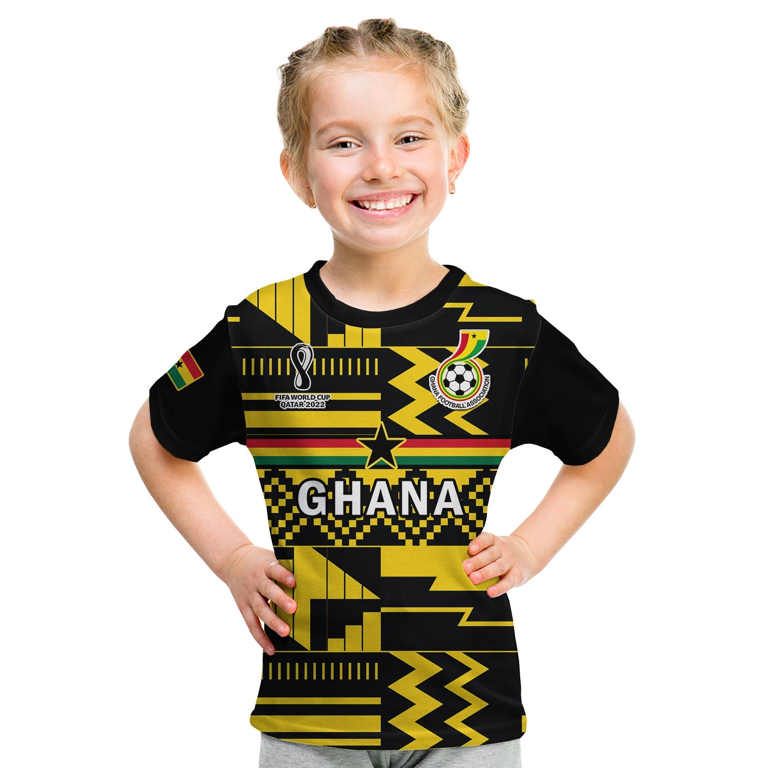 custom-text-and-number-ghana-football-t-shirt-kid-black-stars-kente-world-cup-2022-yellow