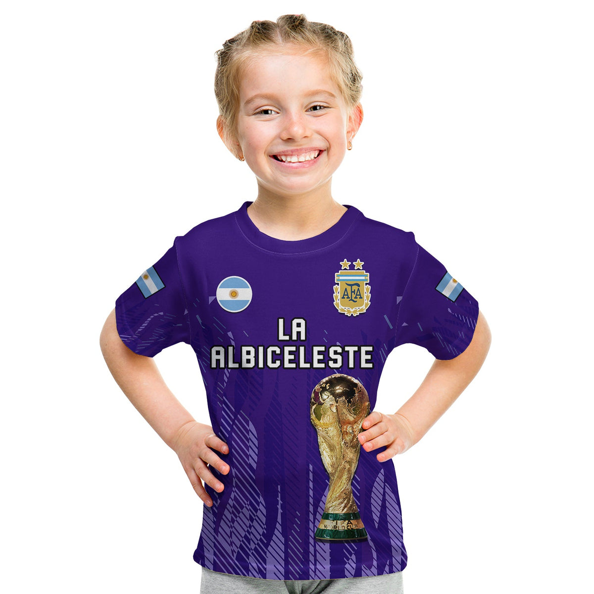 Argentina Football T Shirt KID La Albiceleste Campeon Proud Purple 2022 - Wonder Print Shop