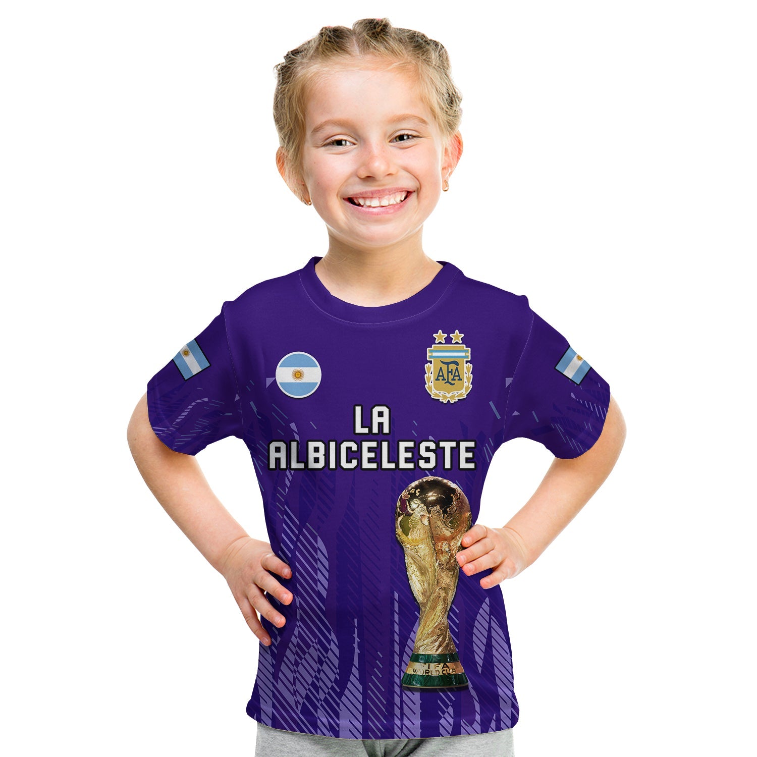 Argentina Football T Shirt KID La Albiceleste Campeon Proud Purple 2022 - Wonder Print Shop