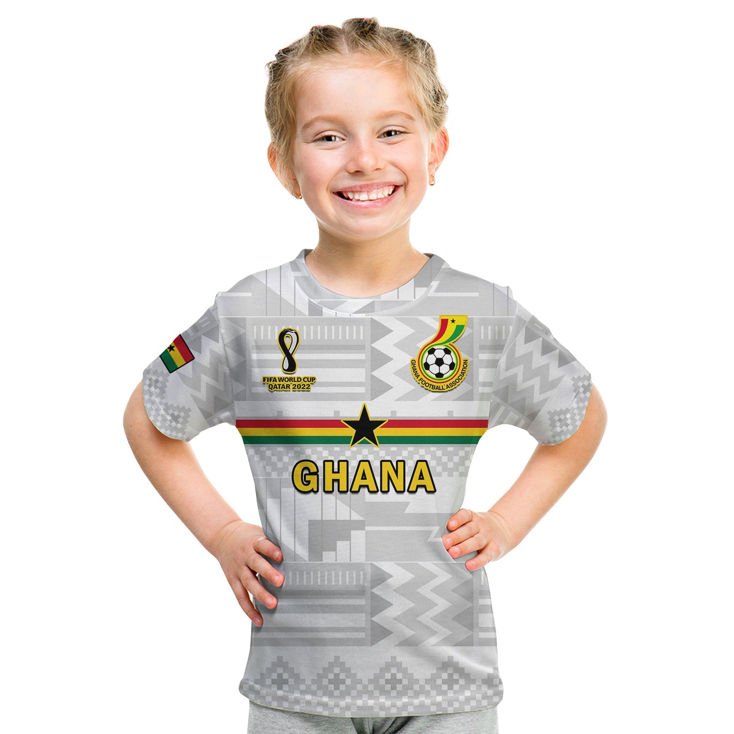 custom-text-and-number-ghana-football-t-shirt-kid-black-stars-kente-world-cup-2022-white