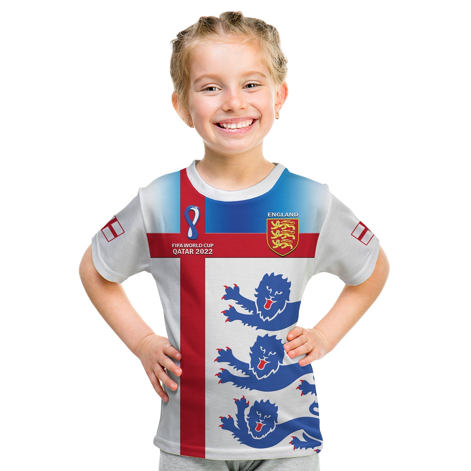 (Custom Text And Number) England Football T Shirt KID Three Lions Champions World Cup 2022 - Wonder Print Shop