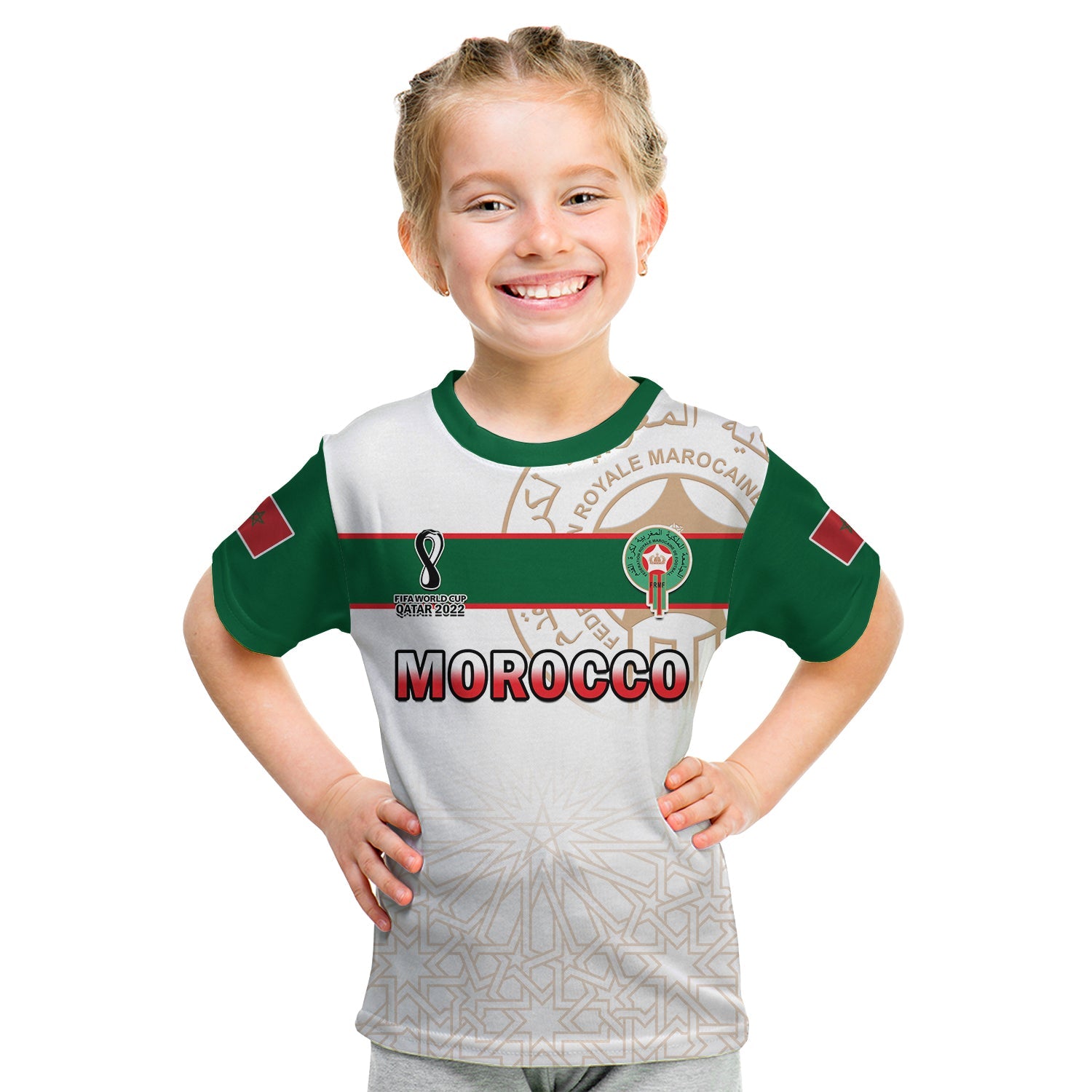 (Custom Text and Number) Morocco Football T Shirt KID Atlas Lions White World Cup 2022 - Wonder Print Shop