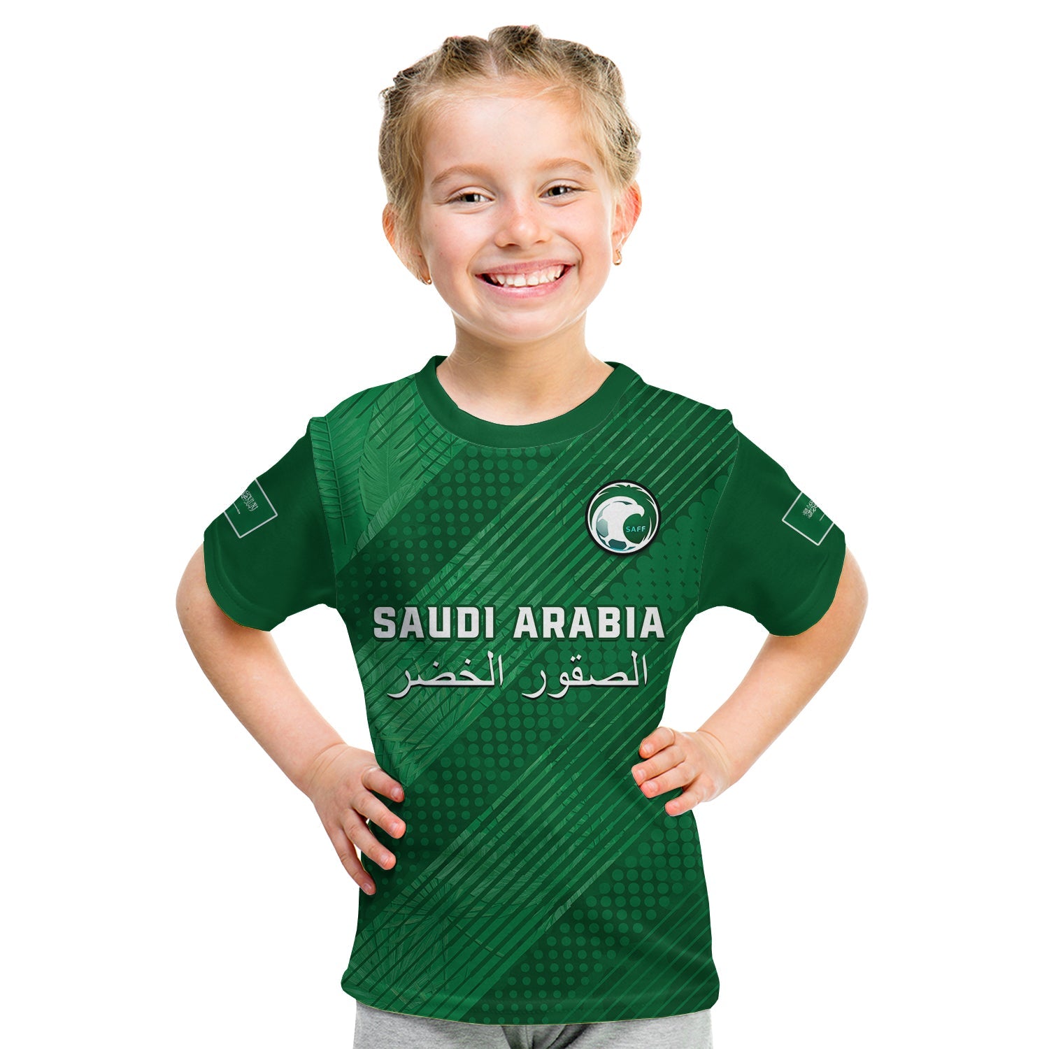 (Custom Text And Number) Saudi Arabia Football T Shirt KID Green Falcons World Cup 2022 - Wonder Print Shop