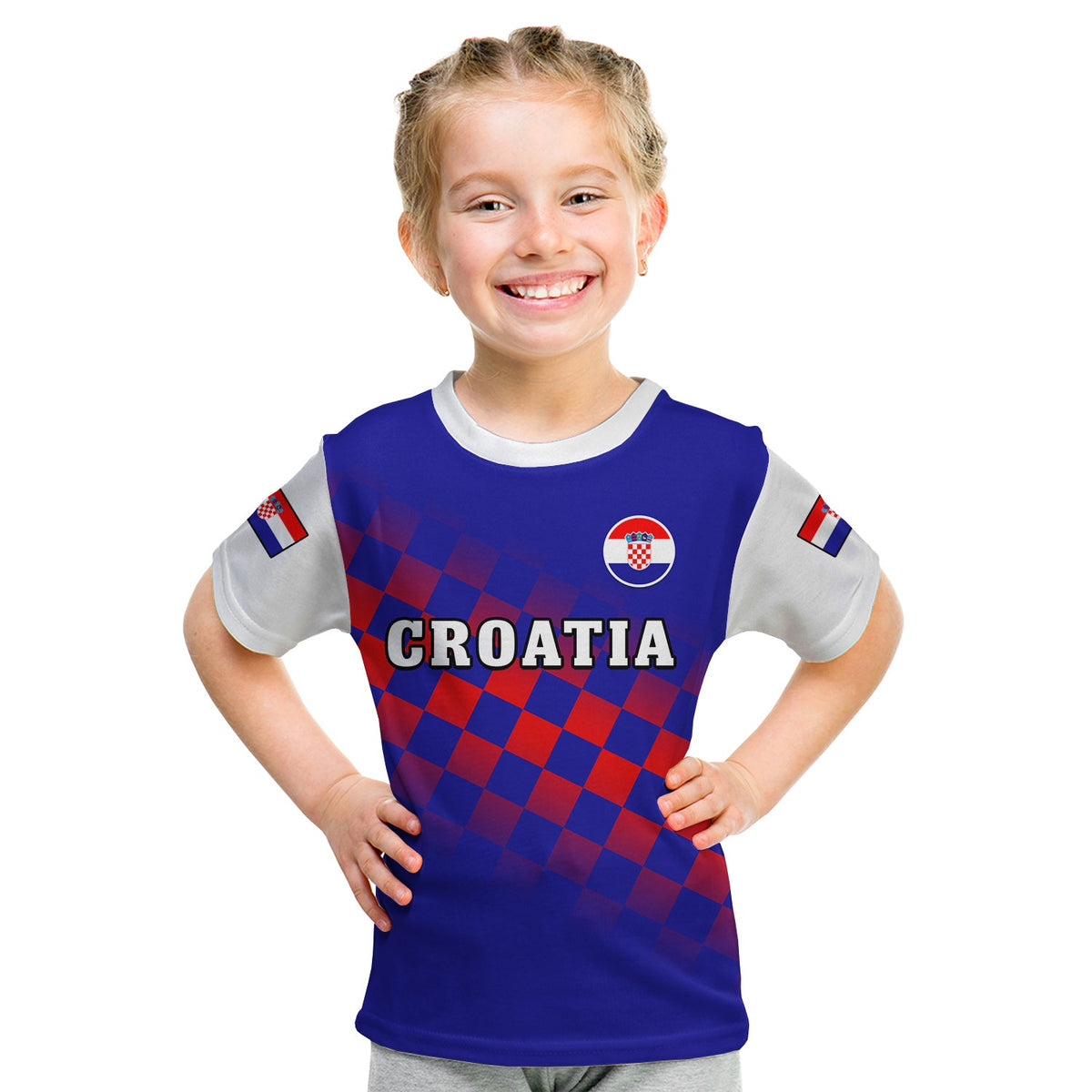 Custom Croatia Football T Shirt Hrvatska Checkerboard Blue Version - Wonder Print Shop