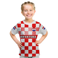 (Custom Text And Number) Croatia Football T Shirt KID Hrvatska Checkerboard Red Version - Wonder Print Shop