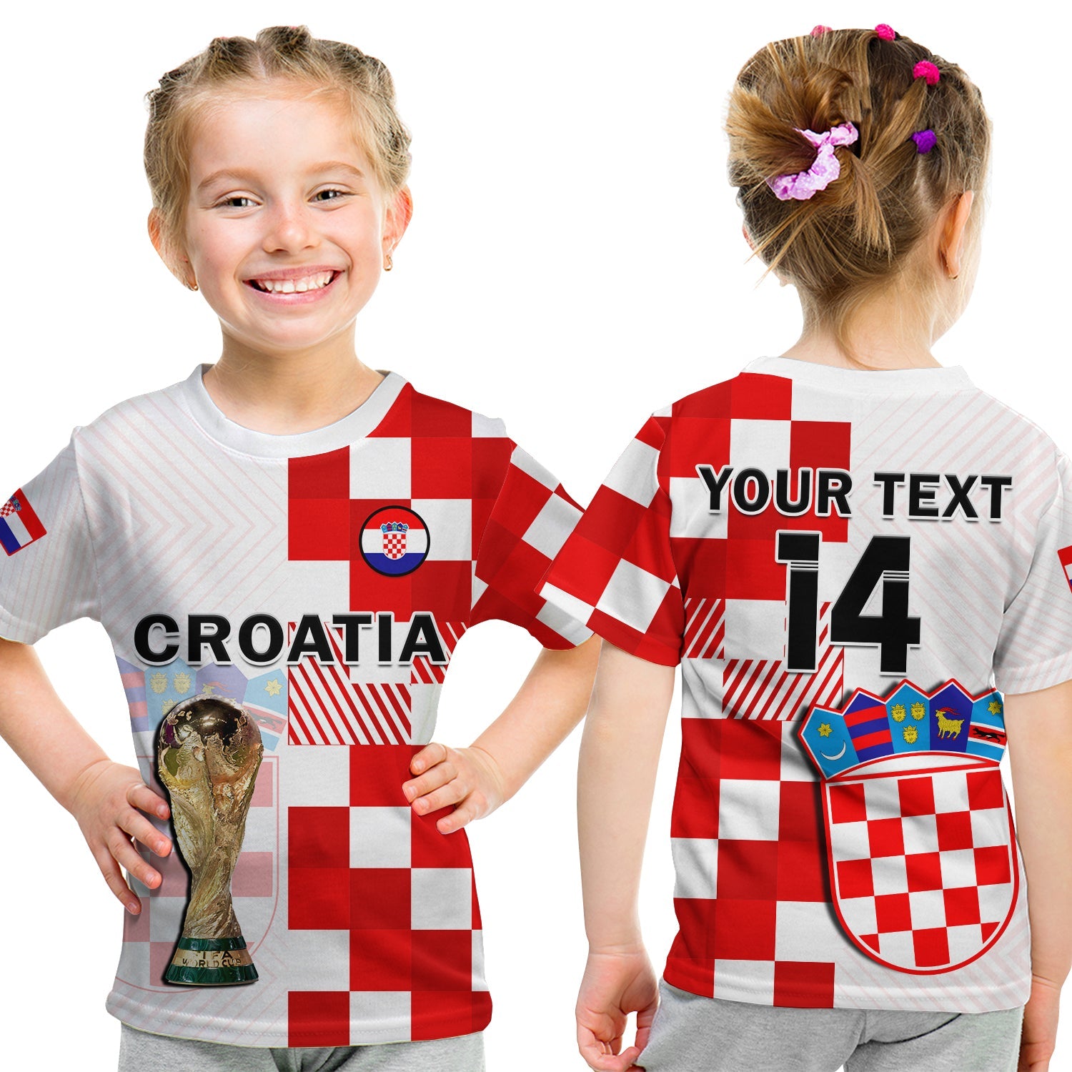 (Custom Text And Number) Croatia Football T Shirt KID Hrvatska Checkerboard Champions WC 2022 - Wonder Print Shop