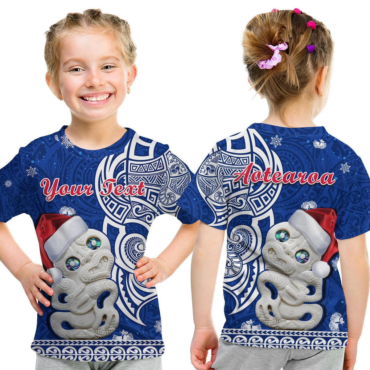 Custom Personalised New Zealand Christmas T Shirt KID Hei Tiki Blue Pohutukawa Meri Kirihimete - Wonder Print Shop