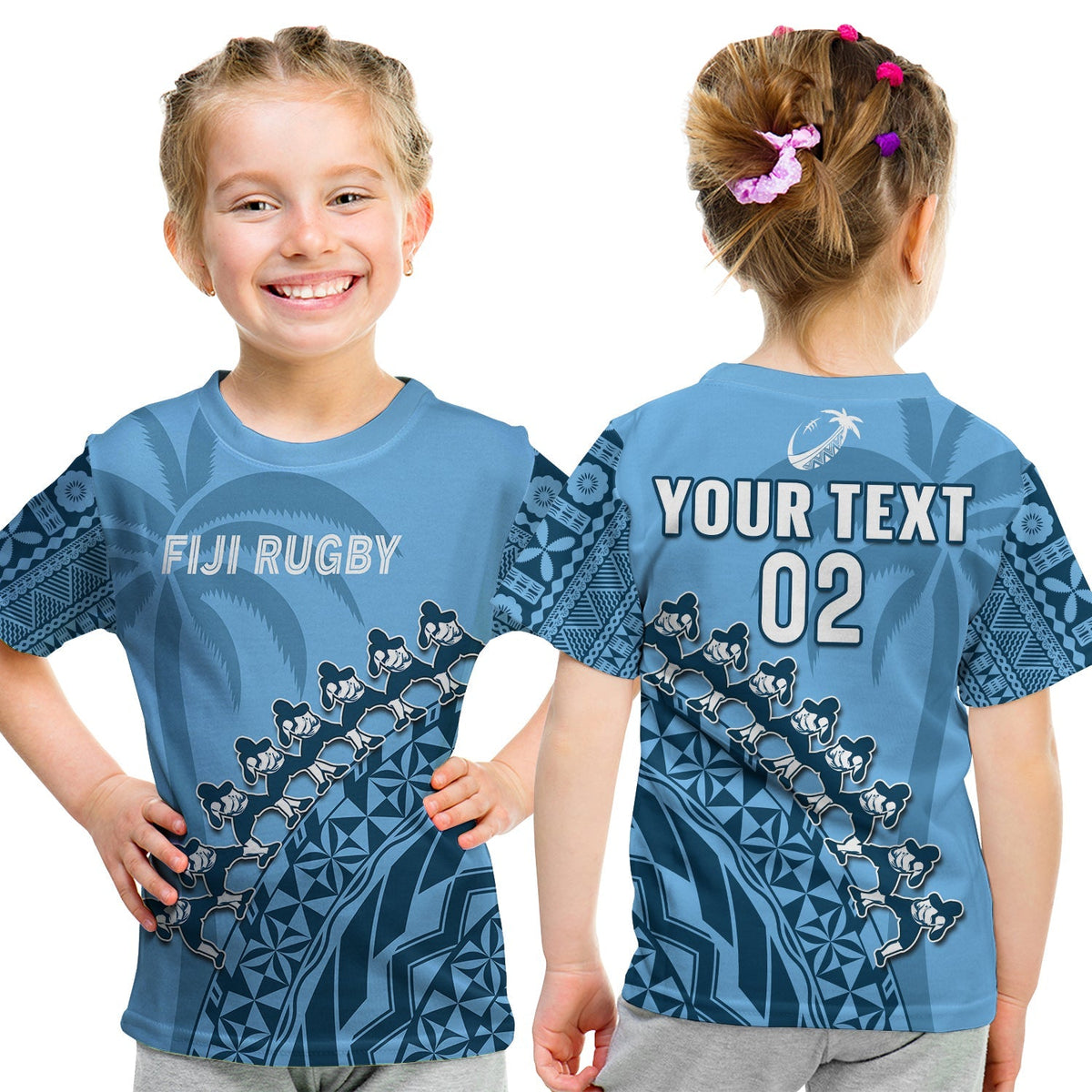 Custom Text And Number Fiji Tapa Rugby T Shirt KID Fijian Cibi Dance Tapa Pattern Blue - Wonder Print Shop