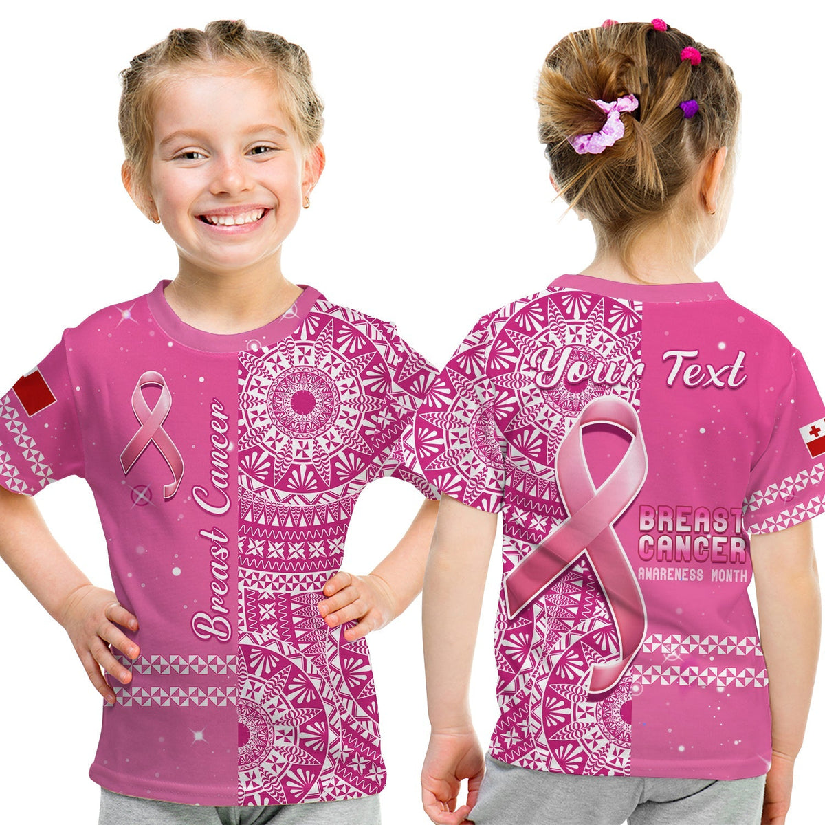 Custom Personalised Tonga Breast Cancer T Shirt KID Tongan Ngatu Pattern No One Fights Alone - Wonder Print Shop