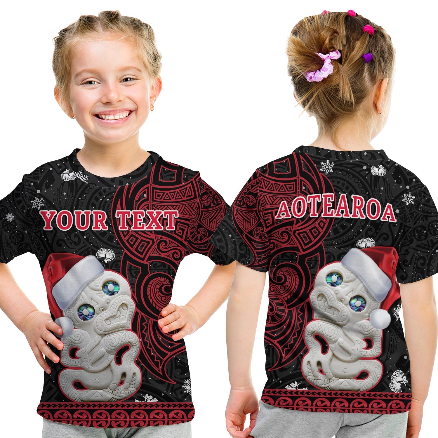 Custom Personalised New Zealand Christmas T Shirt KID Hei Tiki Red Pohutukawa Meri Kirihimete - Wonder Print Shop