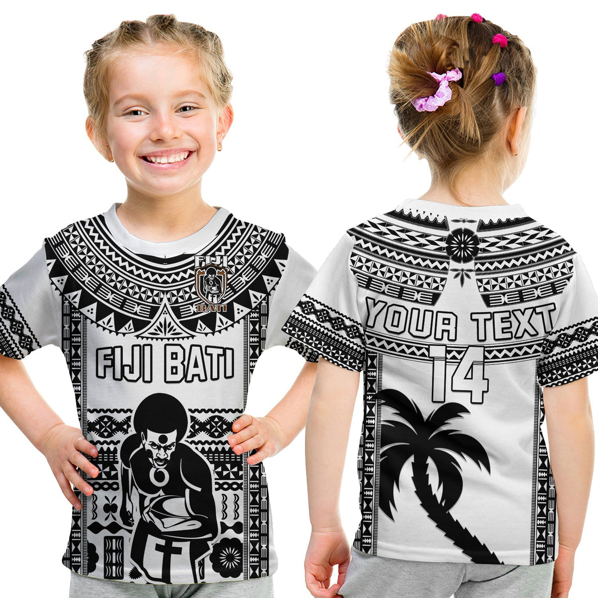Kids custom rugby T-shirt set with black-and-white tribal print, FIJI BATI front design