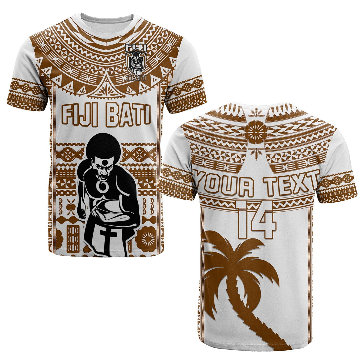 Custom Text And Number Fiji Rugby T Shirt Pacific The Bati Brown Fijian Tapa - Wonder Print Shop