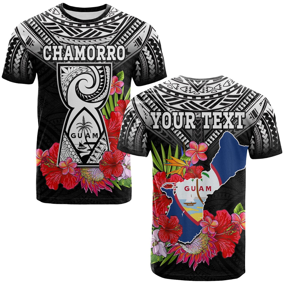 Custom Guam Chamorro T Shirt Guaman Latte Stone Tropical Flowers Black Style - Wonder Print Shop