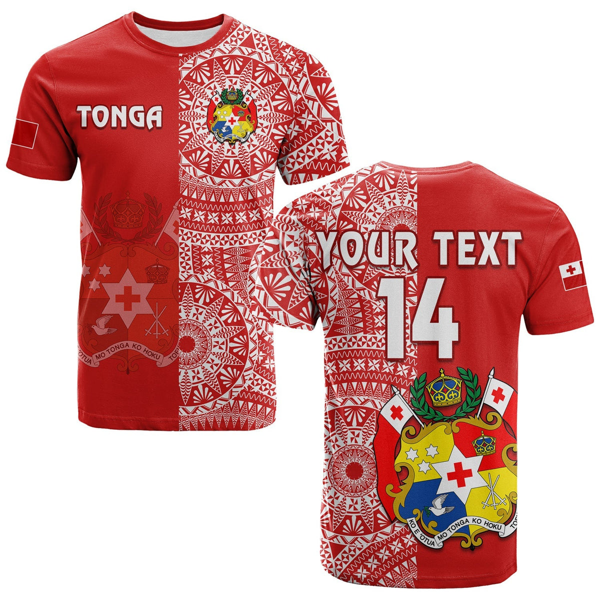 Custom Text And Number Tonga T Shirt Tongan Coat Of Arms Ngatu Pattern - Wonder Print Shop