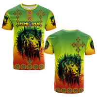 Gradient green-yellow-red t-shirt with Ethiopia lettering and lion face graphic, front and back views.